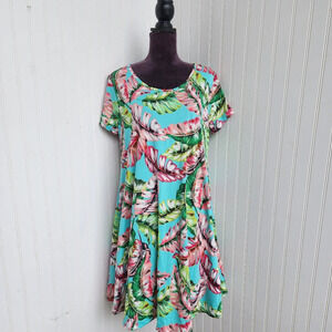 Lexington Avenue Blue Green Pink Palm Print Women's Strerch Casual Dress 1X